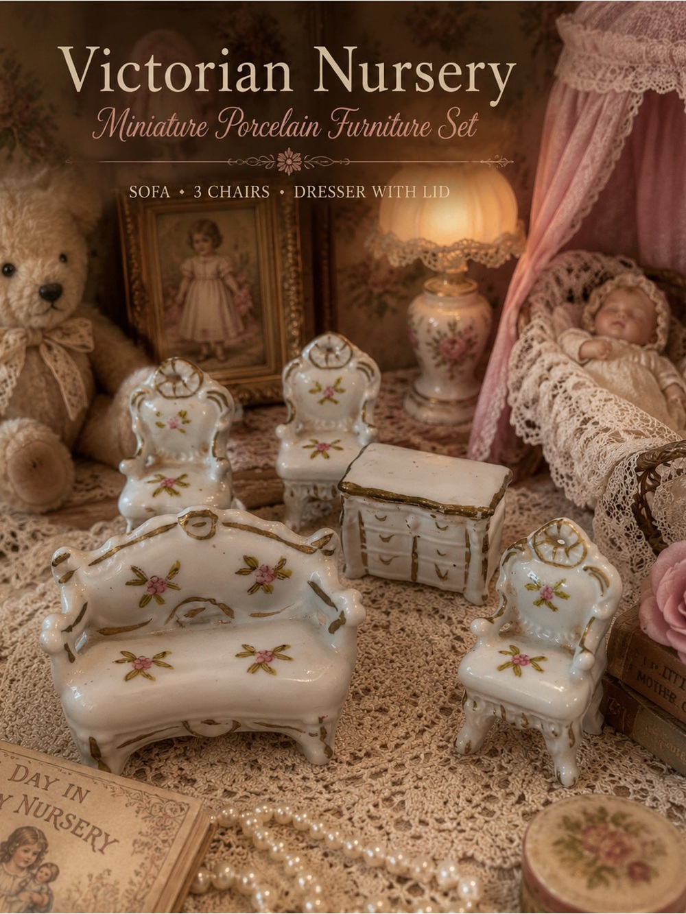 Vintage Miniature Porcelain Dollhouse Furniture Set Sofa Chairs Dresser